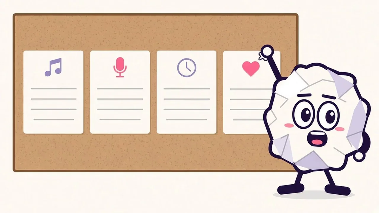 Pip the paper ball pinning four paper index cards to a corkboard, each topped with an icon: a music note, a microphone, a clock and a heart