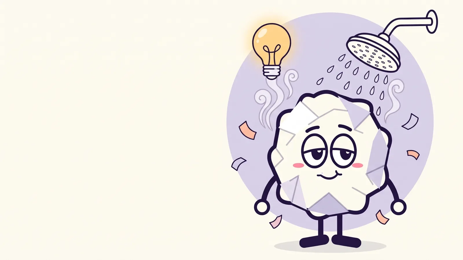 Pip the paper ball relaxing under a shower head with eyes half closed as rising steam curls into a glowing yellow lightbulb overhead