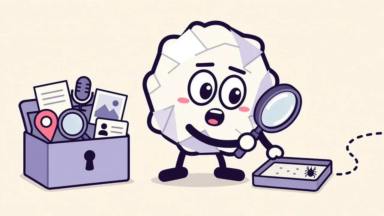 Pip the paper ball inspecting a tray of tiny usage dots with a magnifying glass, while a locked box keeps notes, a microphone, photos and a map pin inside