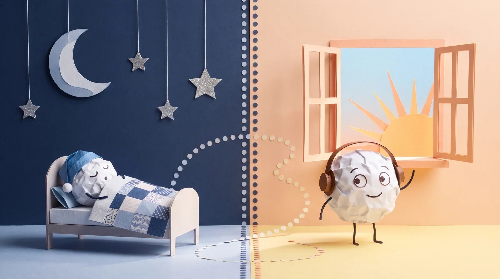 Pip asleep under a paper moon, then at sunrise in paper headphones: an evening rehearsal, a night's sleep and a morning replay