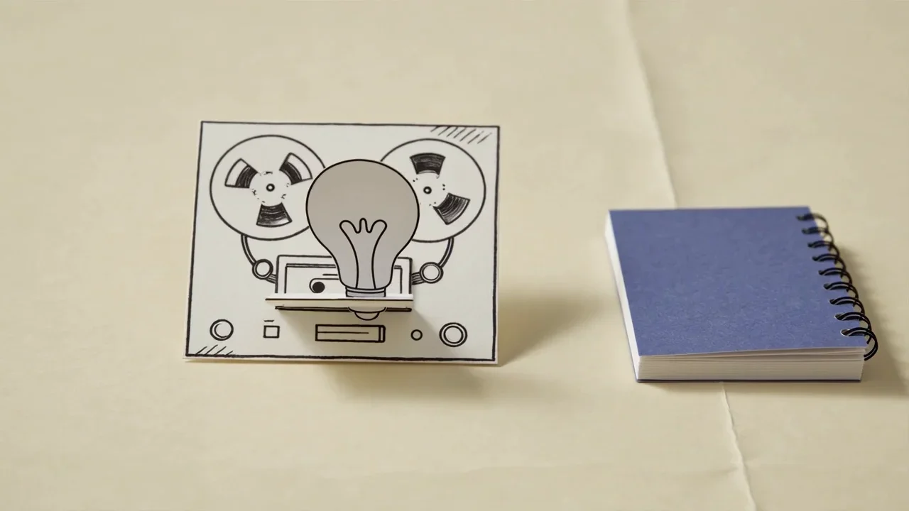 A paper lightbulb caught in turn by a paper tape recorder, a notepad and Pip, showing three different ways to catch the same idea