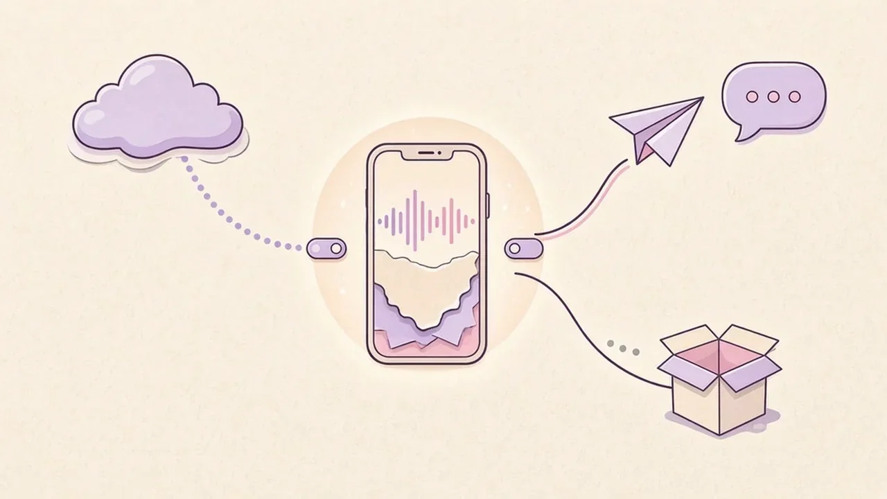 A glowing iPhone keeps speech and text inside, with three separate switched paths leading out to a cloud, a paper airplane and a small box of grey dots