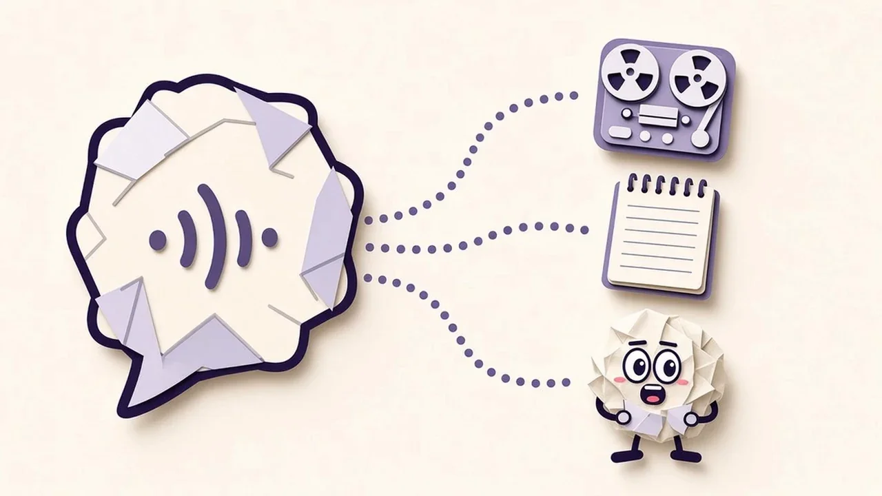 Paper-cut illustration of a speech bubble with three dotted paths to a tape recorder, a notepad and Pip, the three places an iPhone voice note can go