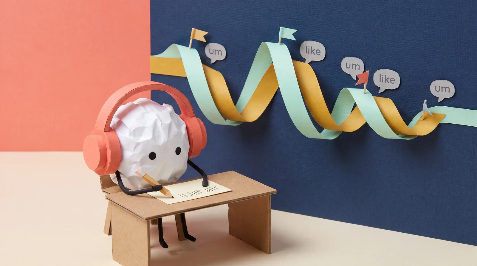 Pip the paper ball in coral headphones at a small desk, tallying on an index card as paper flags marked um and like pop up along a sound wave