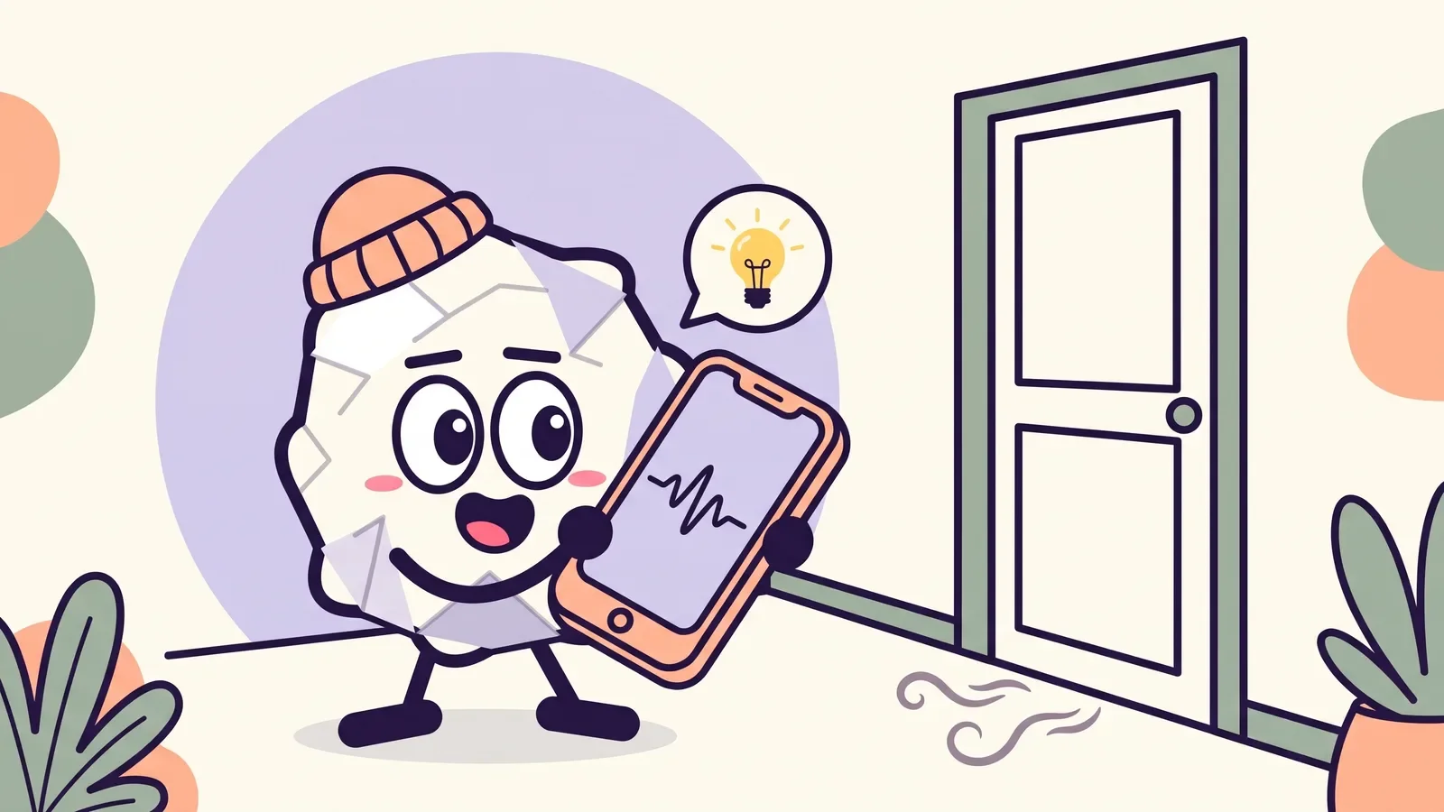 Pip the paper ball in a beanie outside a steamy door, speaking an idea into a plain phone showing only a sound wave, to save it right away