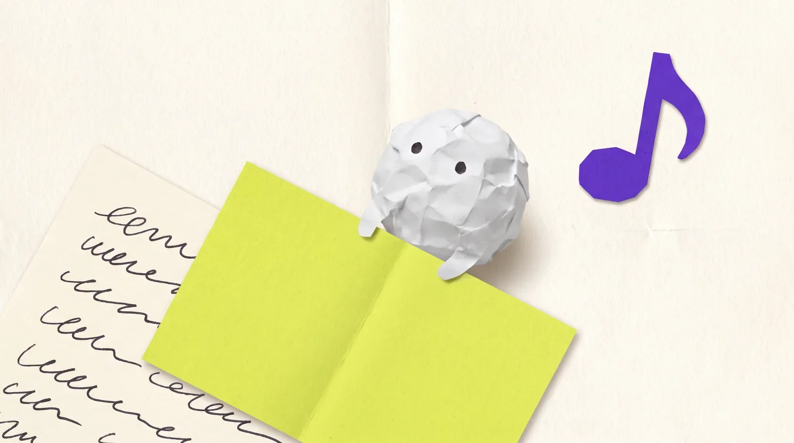 Pip the paper ball peeking over a lime card that covers most of a scribbled lyric sheet, with a purple music note, testing recall