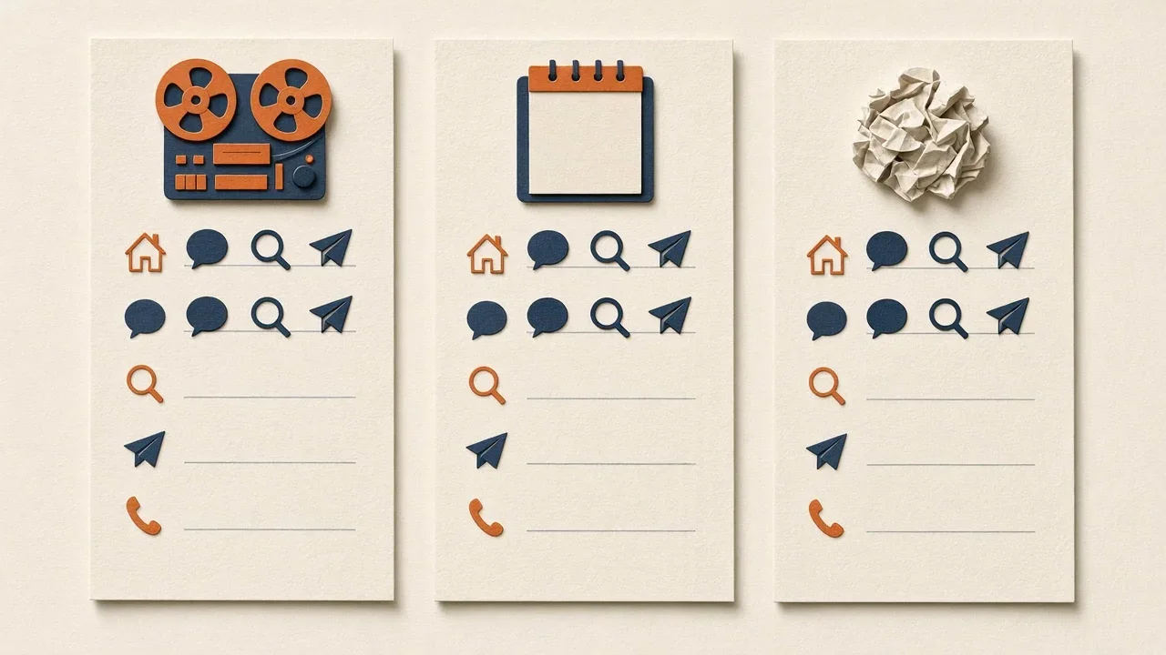 Three paper cards side by side, topped with a tape recorder, a notepad and a paper ball, each with the same rows of symbols, comparing three iPhone voice note apps