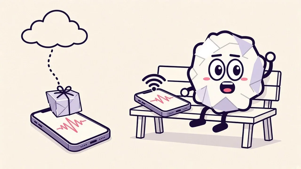 A paper parcel floats down from a cloud onto an iPhone, standing for a one-time speech model download, while Pip relaxes on a bench nearby