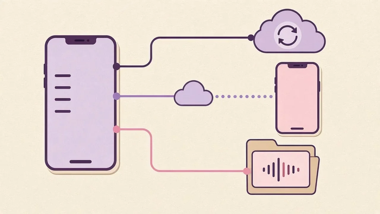 Diagram of three ways to protect voice notes: a backup path to iCloud, a sync path to a second iPhone, and an export path to a folder holding an audio file