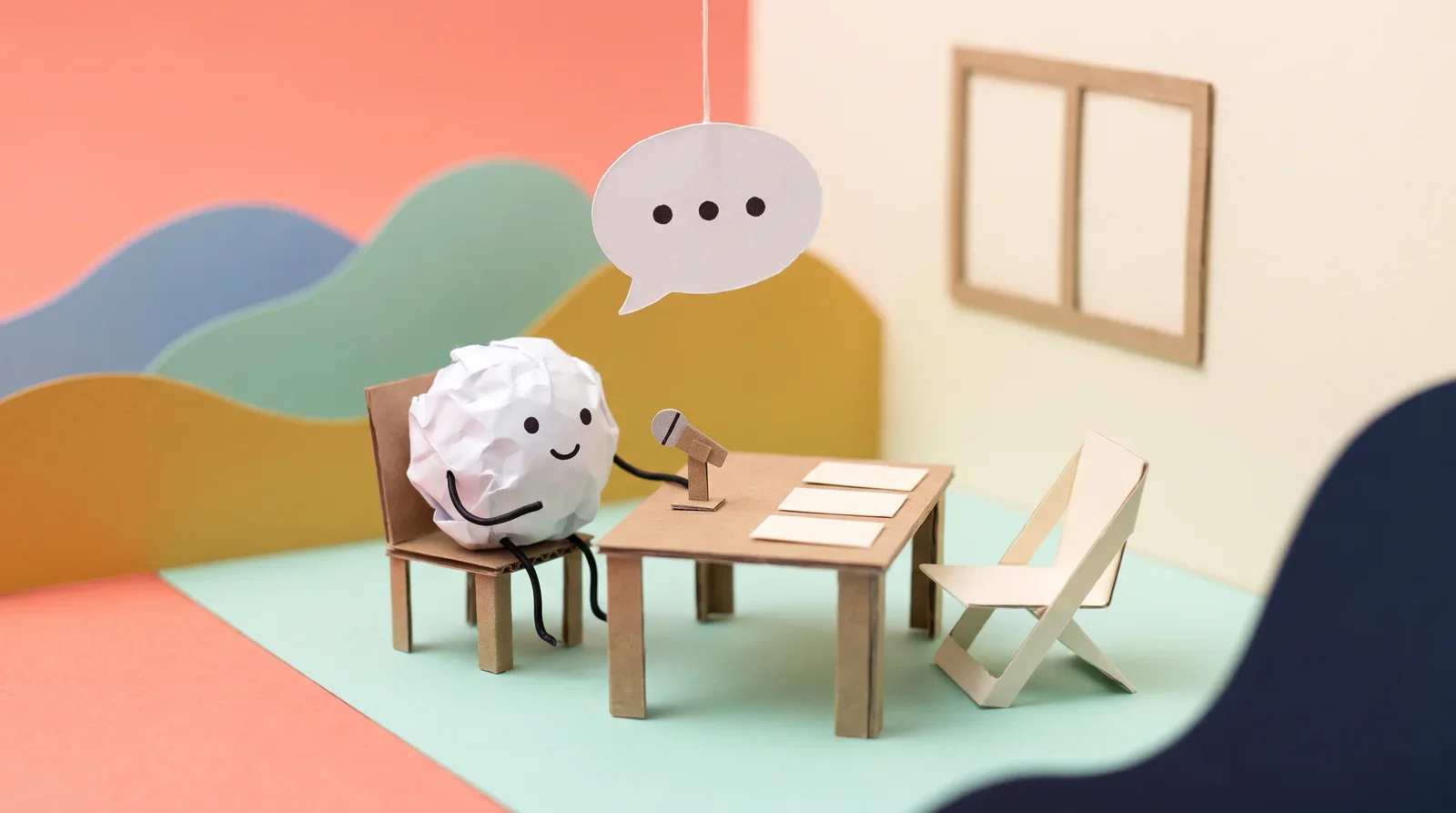 Pip the paper ball at a small cardboard table with a paper microphone and blank cards, answering out loud across from an empty paper chair