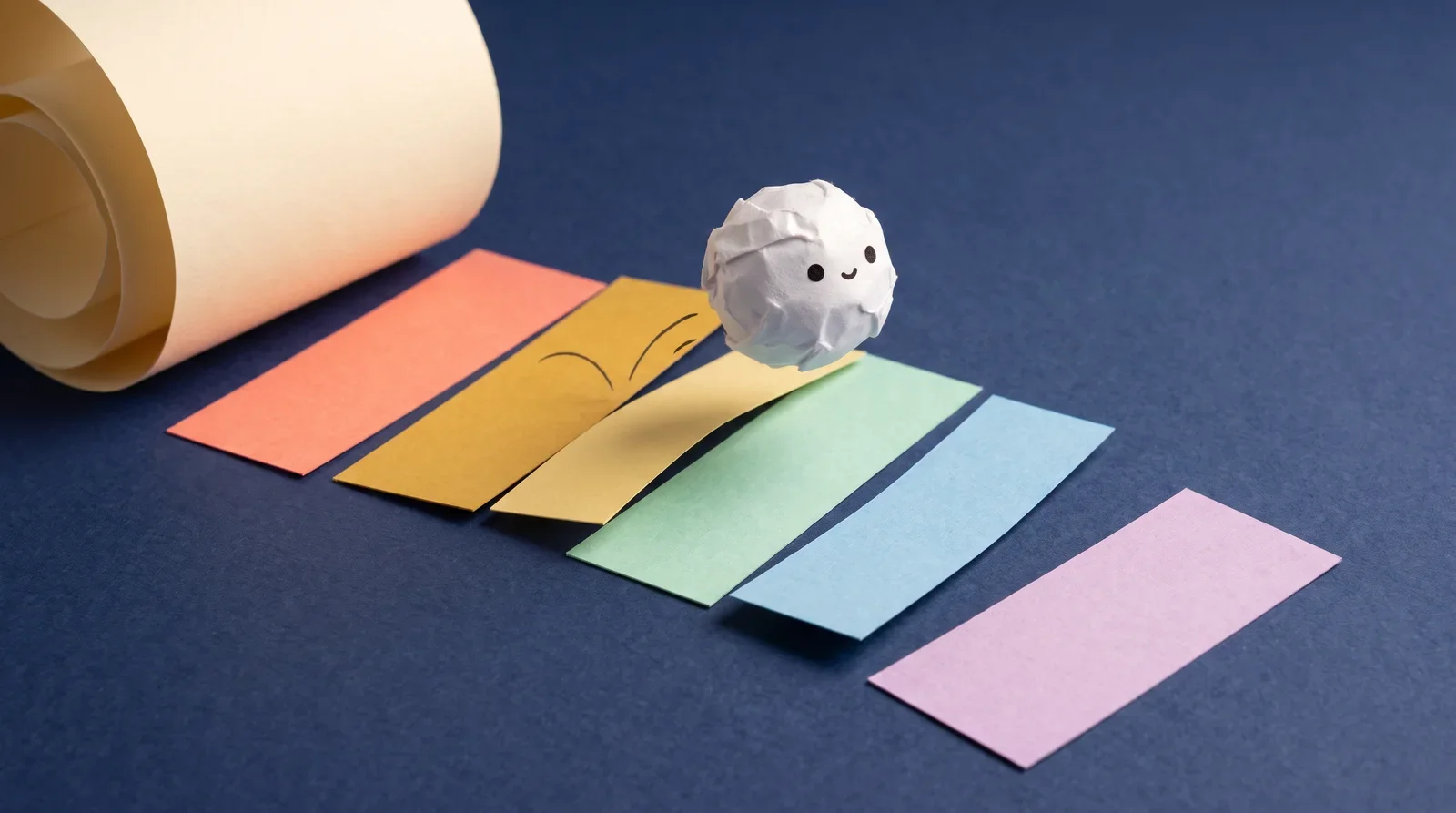 Pip hops across five pastel paper strips cut from one scroll, showing a speech learned one short section at a time