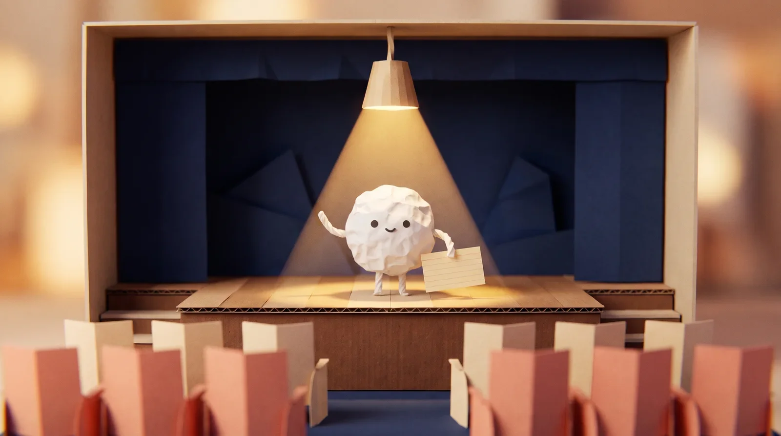 Pip the paper ball rehearsing a speech on a small stage, one arm raised and an index card in hand, facing rows of empty paper seats