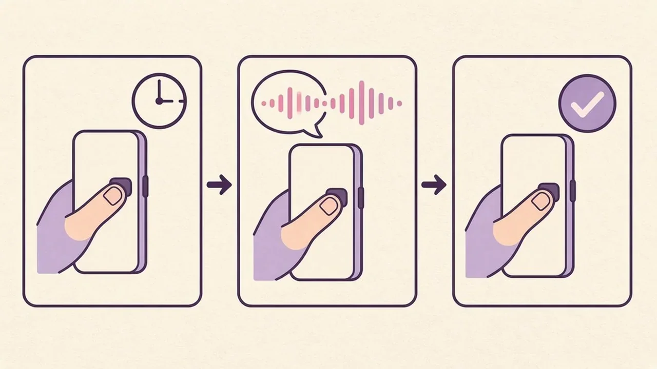 Three-step diagram: a thumb presses and holds a phone button, a sound wave flows in as you speak, then a second press and hold shows a checkmark