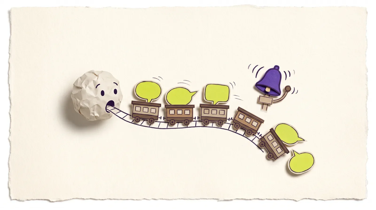Pip the paper ball with a paper train of lime speech bubbles leaving its mouth as a purple bell knocks the last carriages off the track
