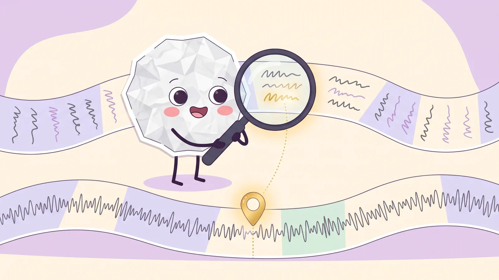 Pip the paper ball holding a magnifying glass over a glowing scribble on a paper strip, linked by a dotted gold line to a pin on a sound-wave strip below, illustrating transcript search jumping to a moment in the audio