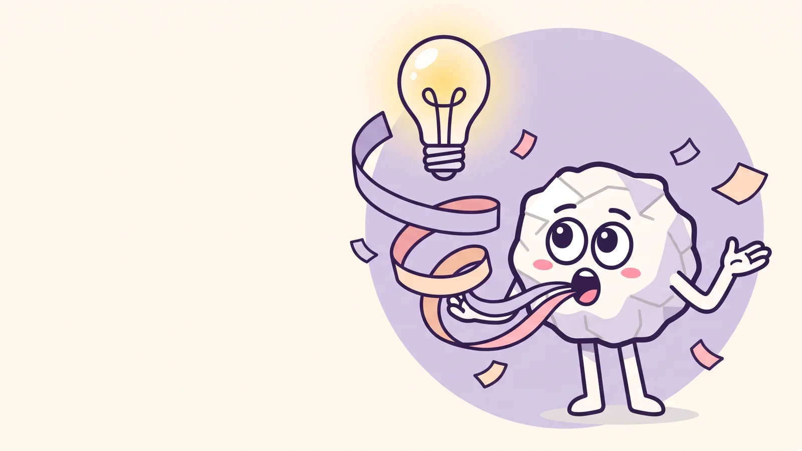 Pip the paper ball talking with one hand raised as curling paper ribbons flow from its mouth and wrap around a softly glowing lightbulb