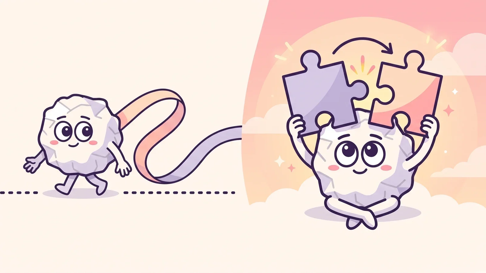 Pip walking a straight line trailing a plain ribbon beside Pip joining two puzzle pieces with a spark, contrasting narrating with explaining