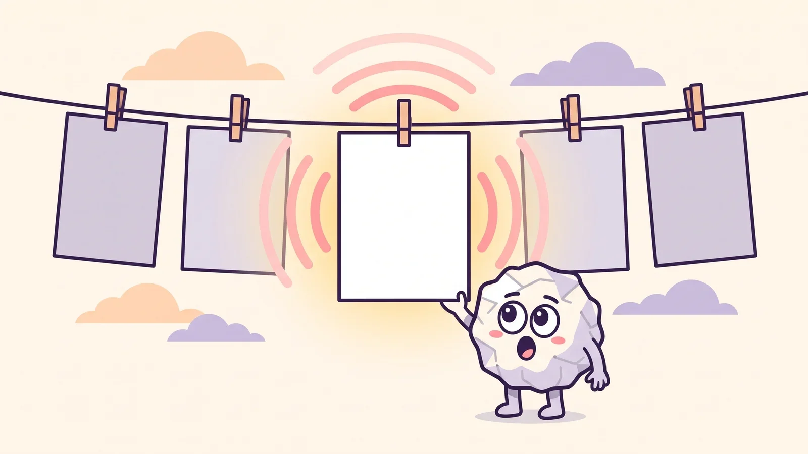 Pip the paper ball speaking toward one glowing white card on a clothesline of dim grey cards, illustrating how saying a word aloud makes it stand out