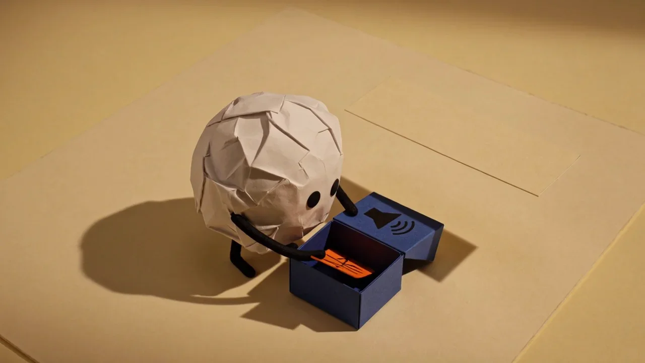 Pip the paper ball placing an orange waveform into a small blue box while a blank paper strip fills with text, showing audio kept while the transcript arrives later