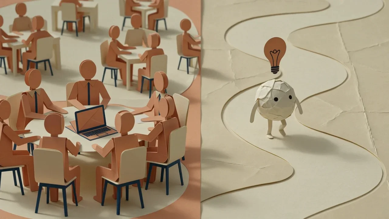 Paper meeting table crowded with paper figures beside a quiet path where Pip walks with a lightbulb, contrasting meeting notes with quick ideas
