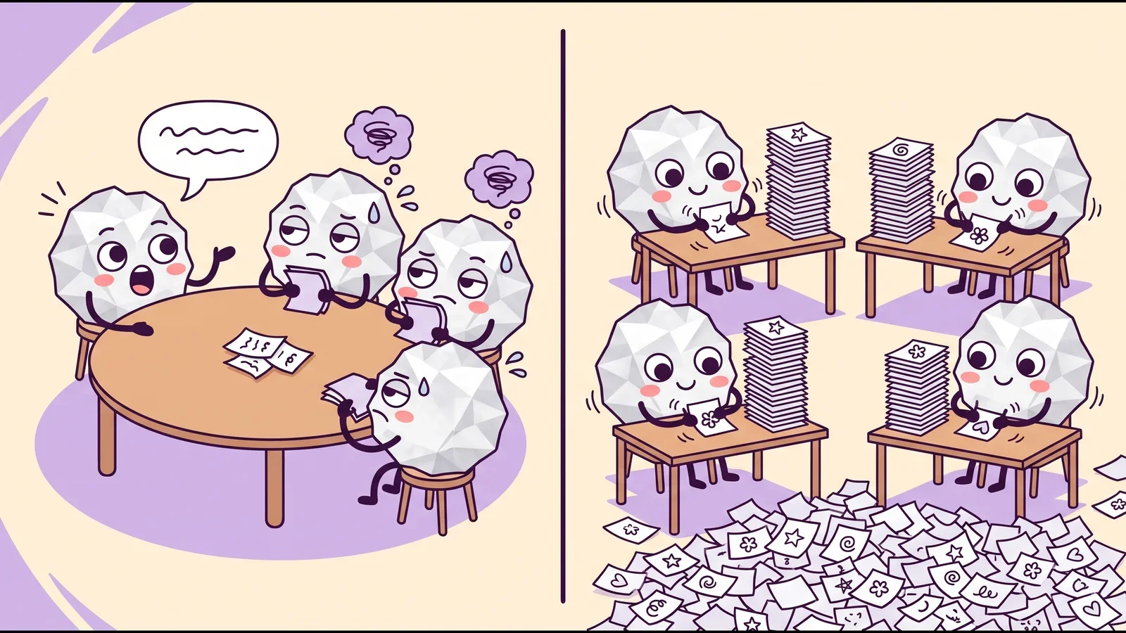 Two panels: four paper balls at one table where one talks and three wait with few ideas; four paper balls at separate desks with tall idea stacks