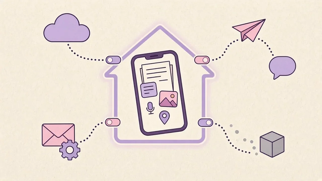 Data-flow diagram: an iPhone inside a glowing house keeps notes, audio, photos and places, with switched paths out to a cloud, a chat, a small analytics box and a feedback envelope