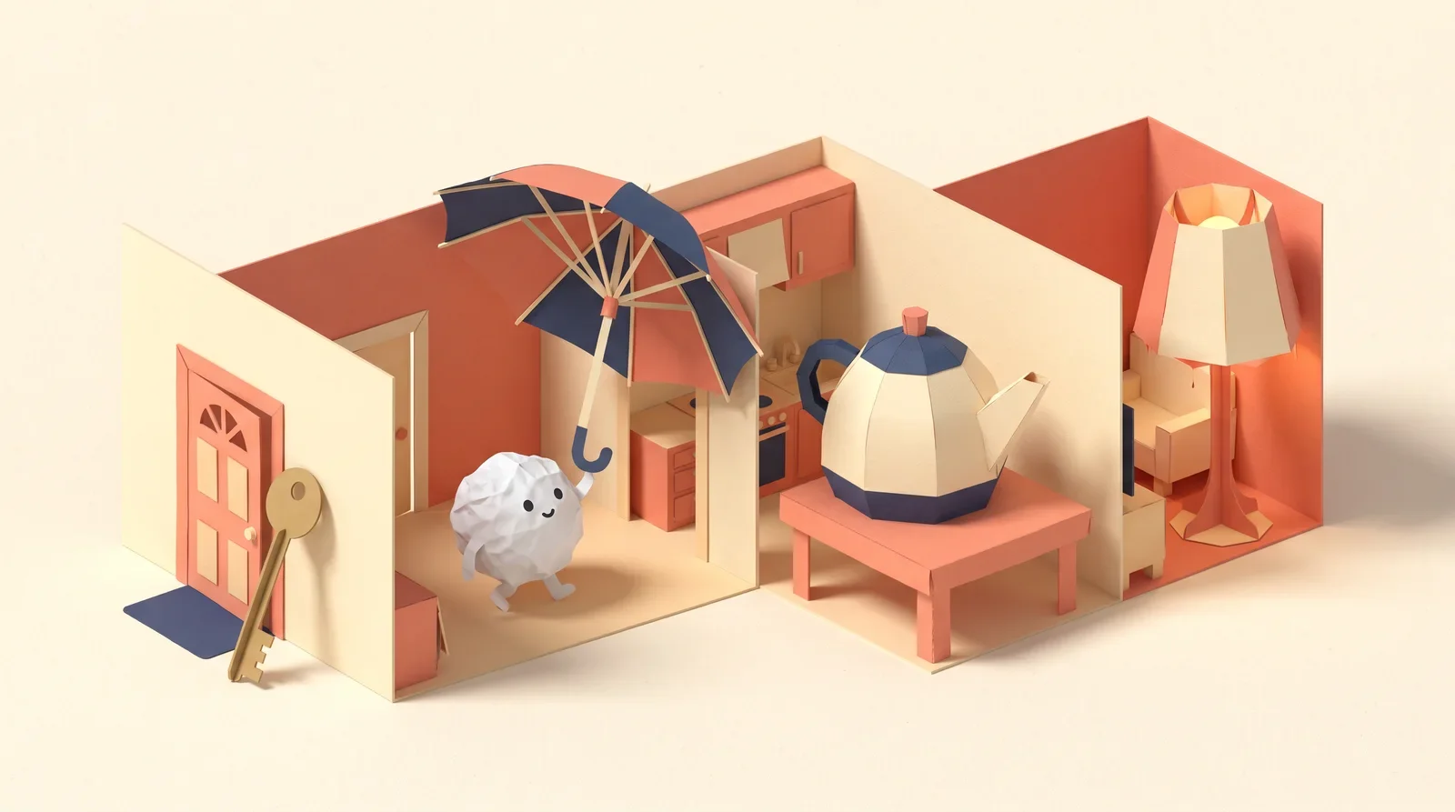 Paper house with a key at the door, an umbrella in the hall and a teapot in the kitchen as Pip walks a memory palace route