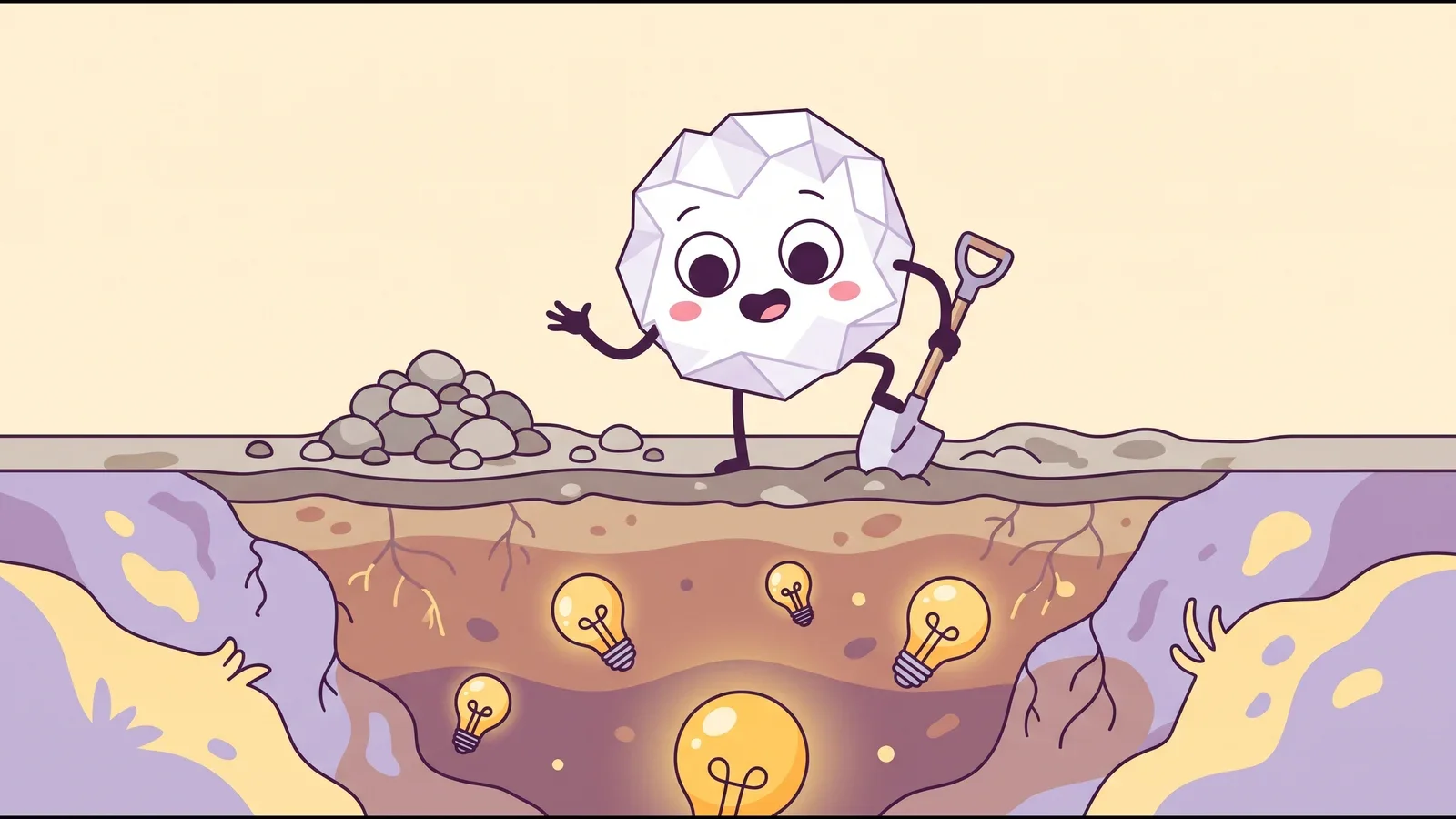 Pip the paper ball digging in a garden bed, plain pebbles piled at the surface and glowing lightbulbs buried deeper, the deepest one brightest