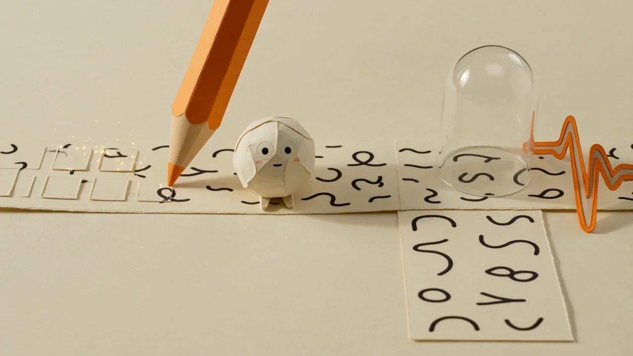 Large orange paper pencil rewriting a text strip beside an identical strip kept under a glass dome, with Pip comparing AI rewrite and raw transcript